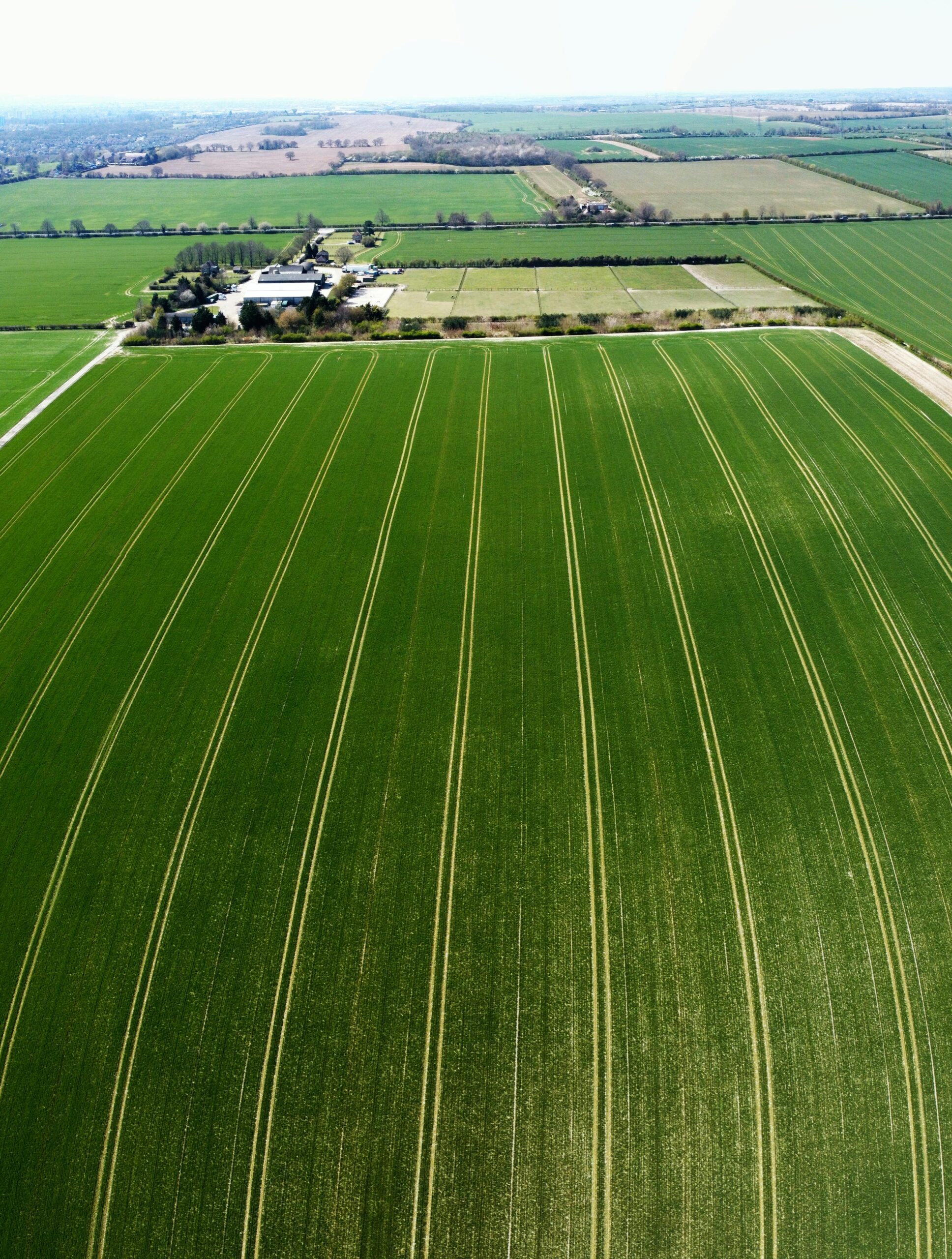 A stunning aerial view of vibrant green farmland in Central Bedfordshire, England.